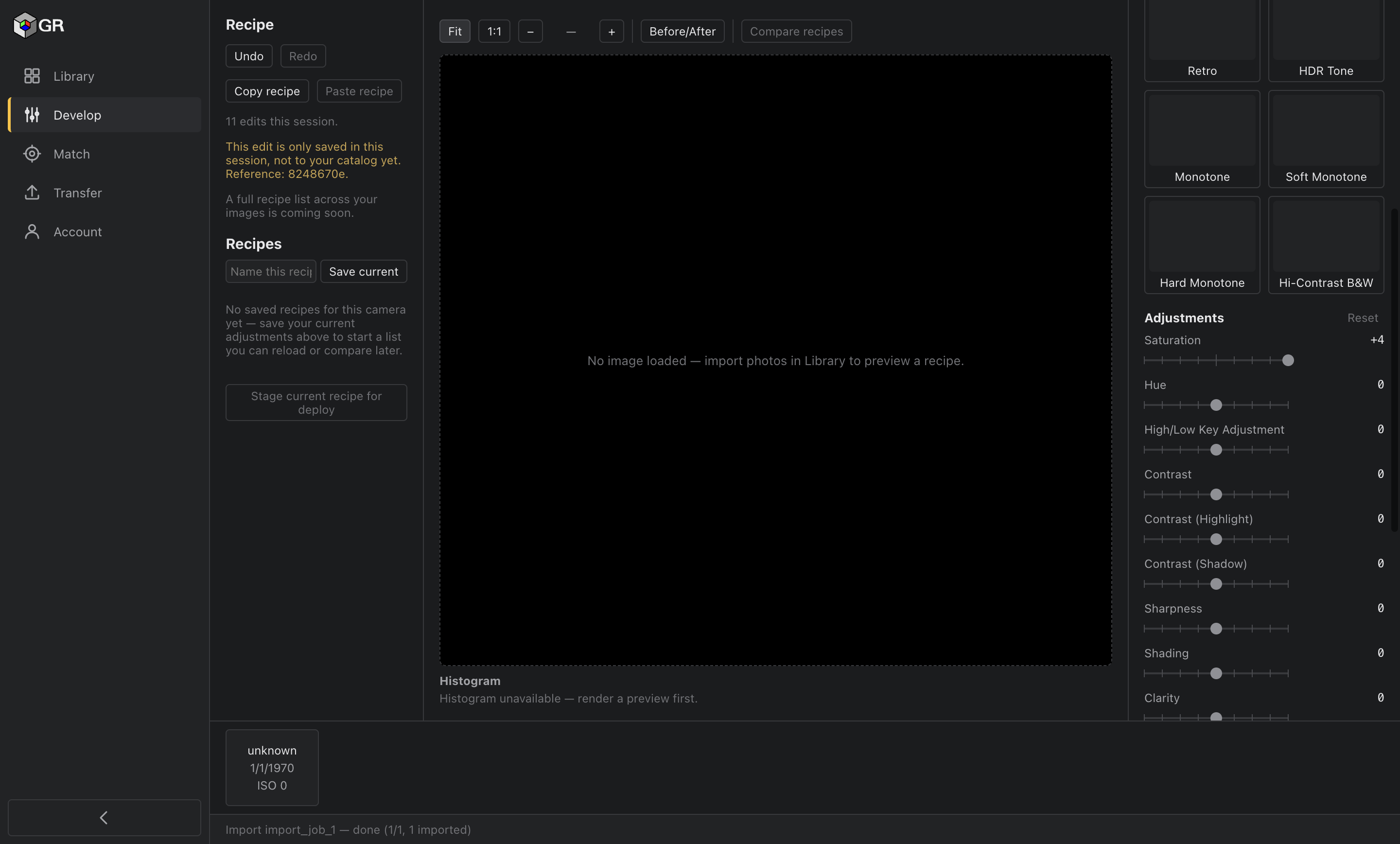 GR Studio on desktop: the recipe editor with a full-size calibrated preview